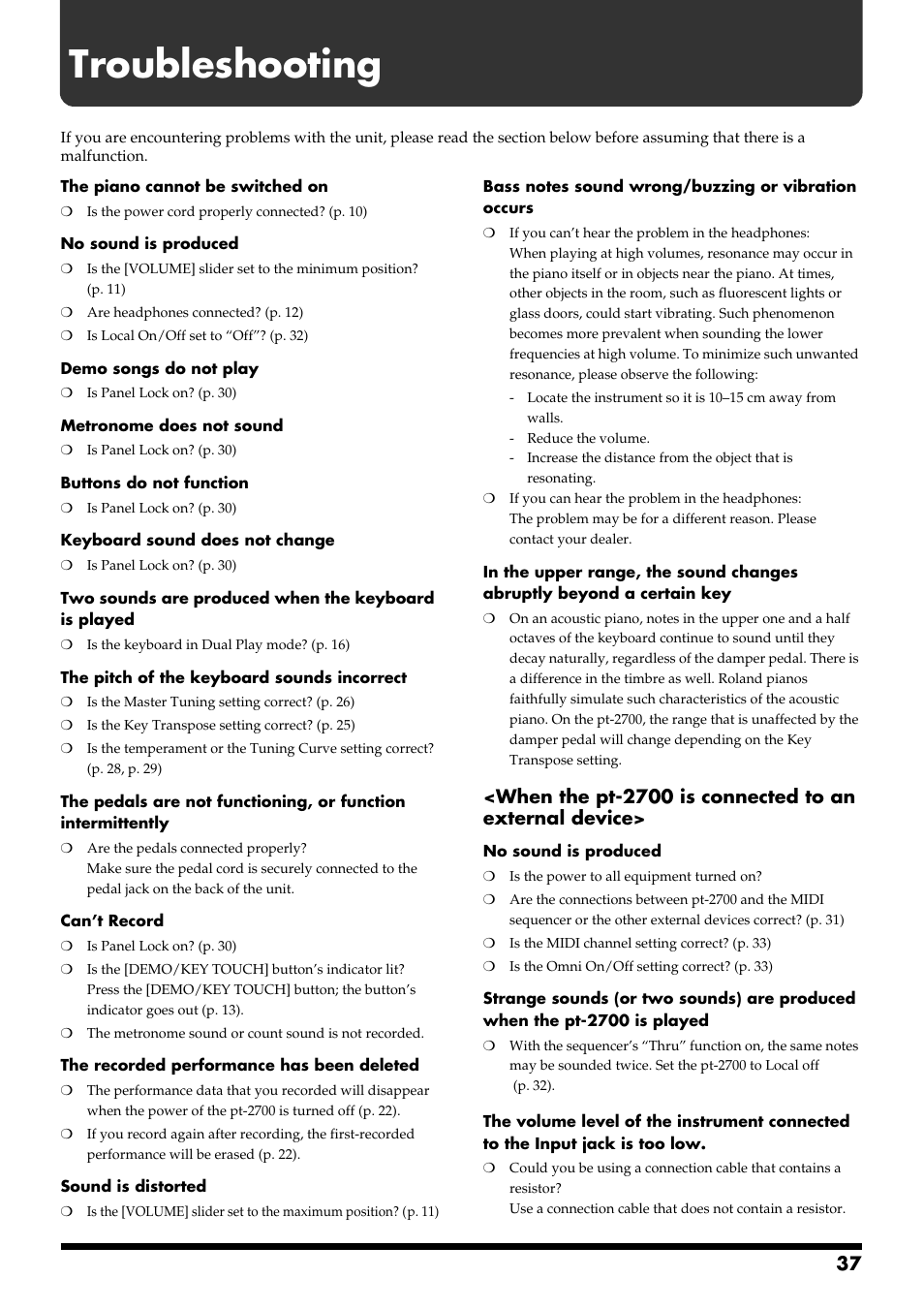 Troubleshooting | Roland pt-2700 User Manual | Page 37 / 44