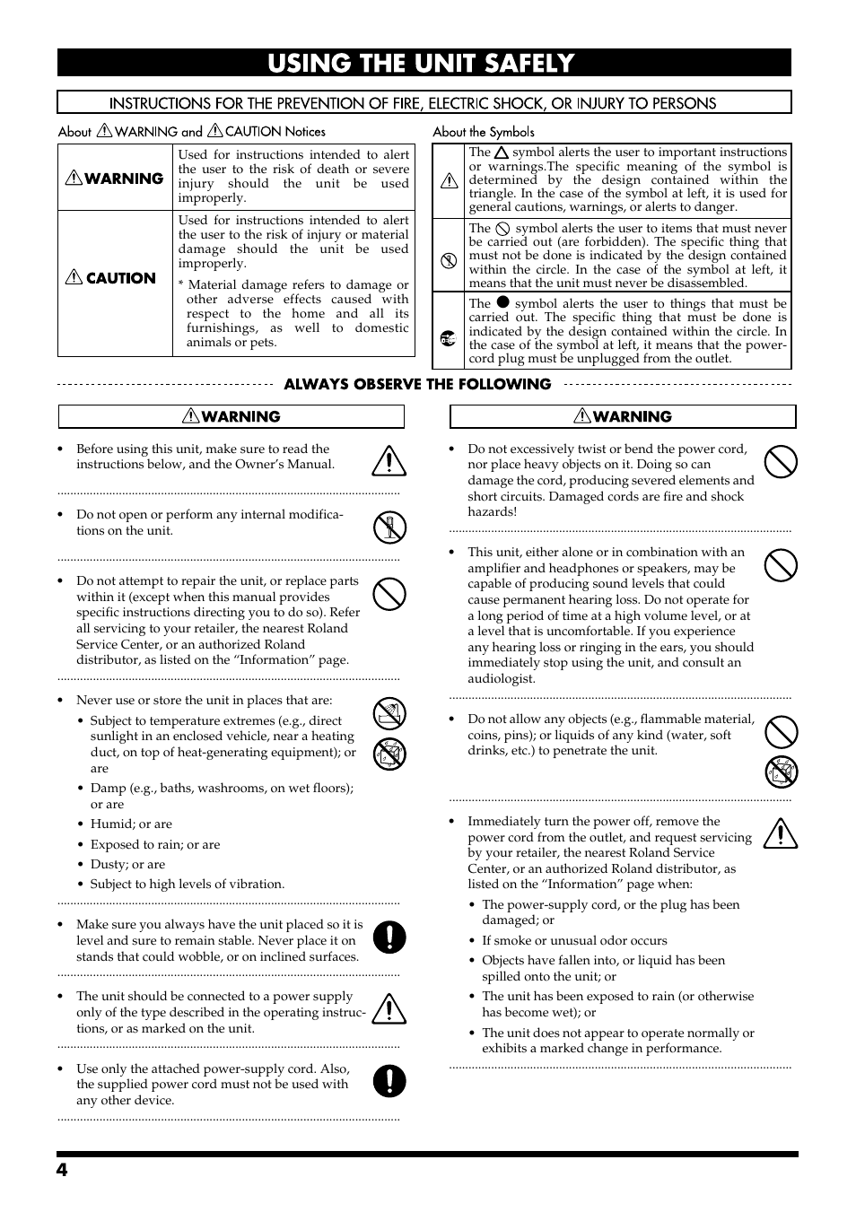 Using the unit safely | Roland pt-2700 User Manual | Page 4 / 44