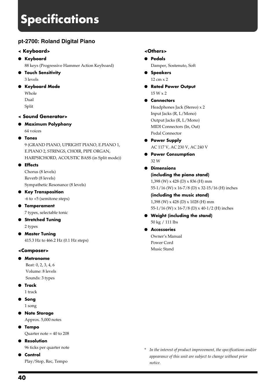 Specifications, Pt-2700: roland digital piano | Roland pt-2700 User Manual | Page 40 / 44