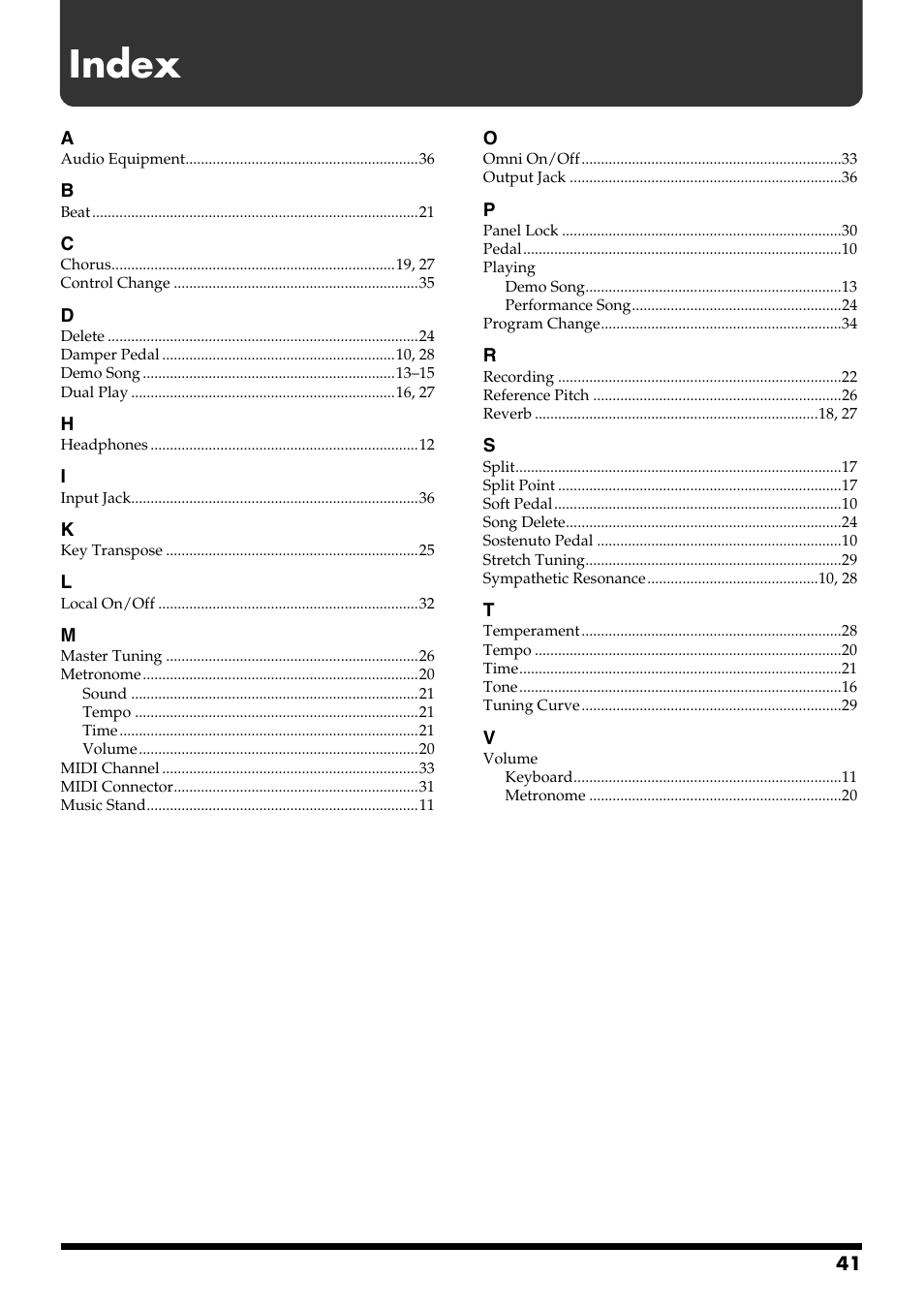 Index | Roland pt-2700 User Manual | Page 41 / 44