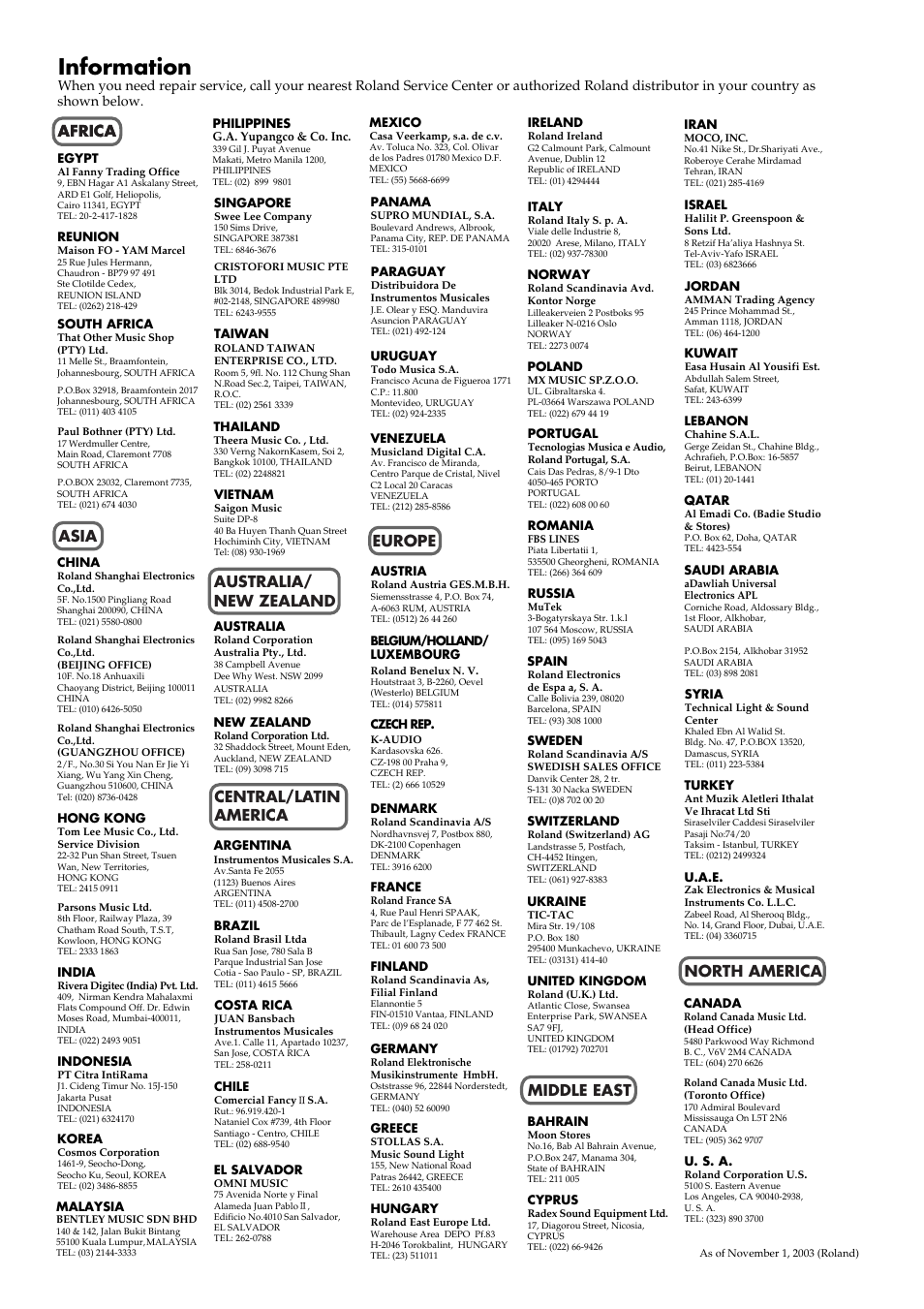 Information, Africa | Roland pt-2700 User Manual | Page 42 / 44