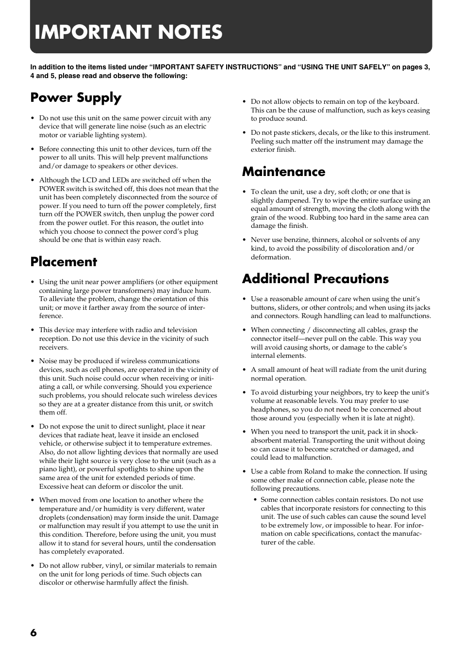 Important notes, Power supply, Placement | Maintenance, Additional precautions | Roland pt-2700 User Manual | Page 6 / 44