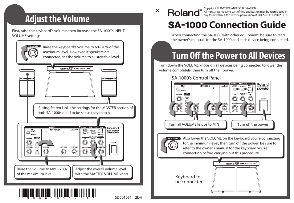 Turn off the power to all devices, Adjust the volume, Connection guide | Roland SA-1000 User Manual | Page 4 / 4