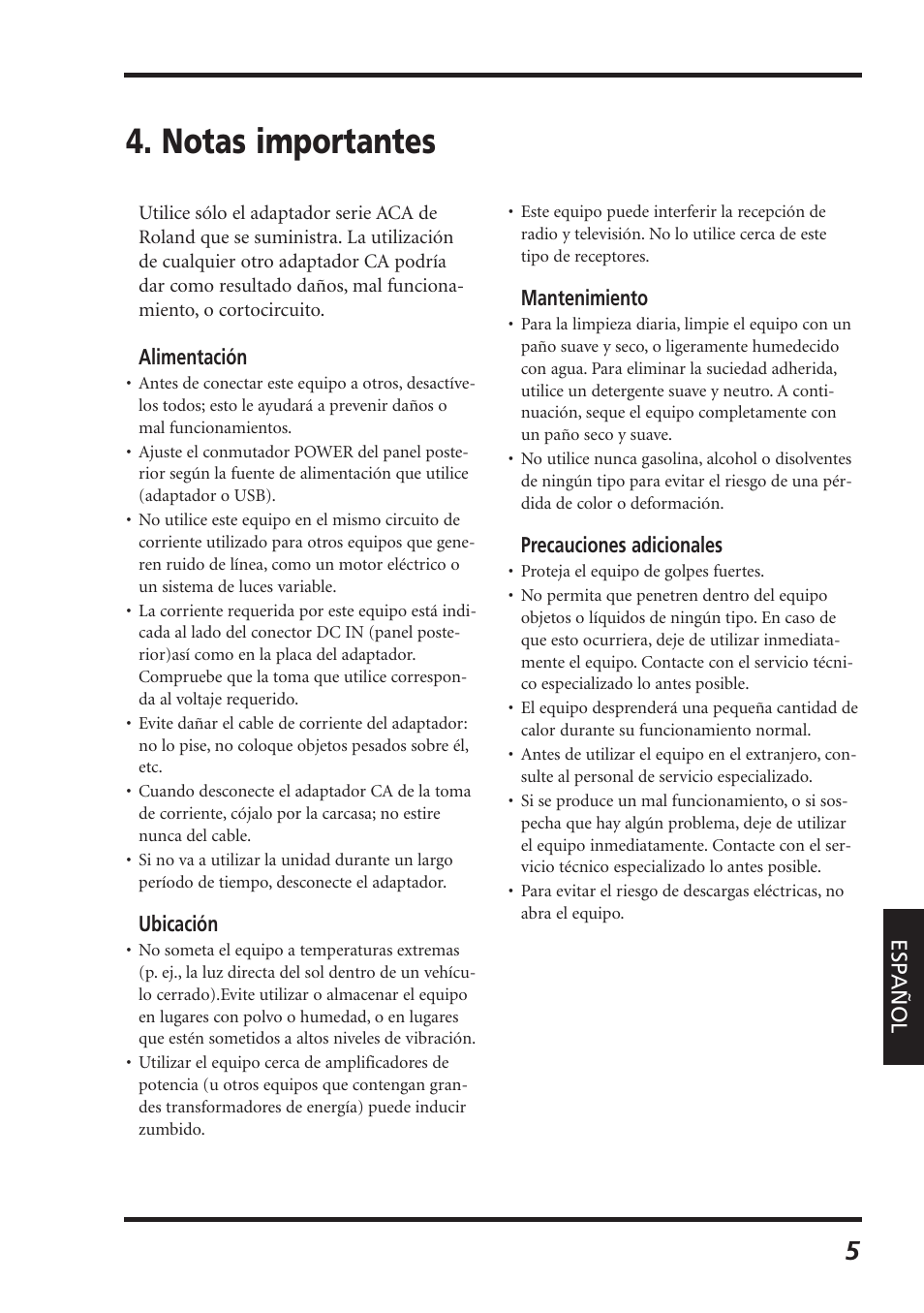 Notas importantes | Roland PC-300 User Manual | Page 107 / 128
