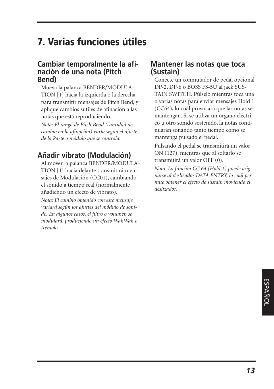 Varias funciones útiles, Añadir vibrato (modulación), Mantener las notas que toca (sustain) | Roland PC-300 User Manual | Page 115 / 128
