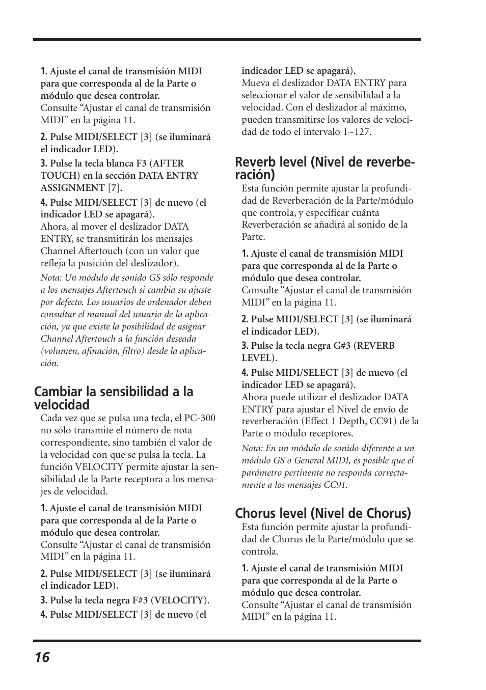 Cambiar la sensibilidad a la velocidad, Reverb level (nivel de reverbe- ración), Chorus level (nivel de chorus) | Roland PC-300 User Manual | Page 118 / 128
