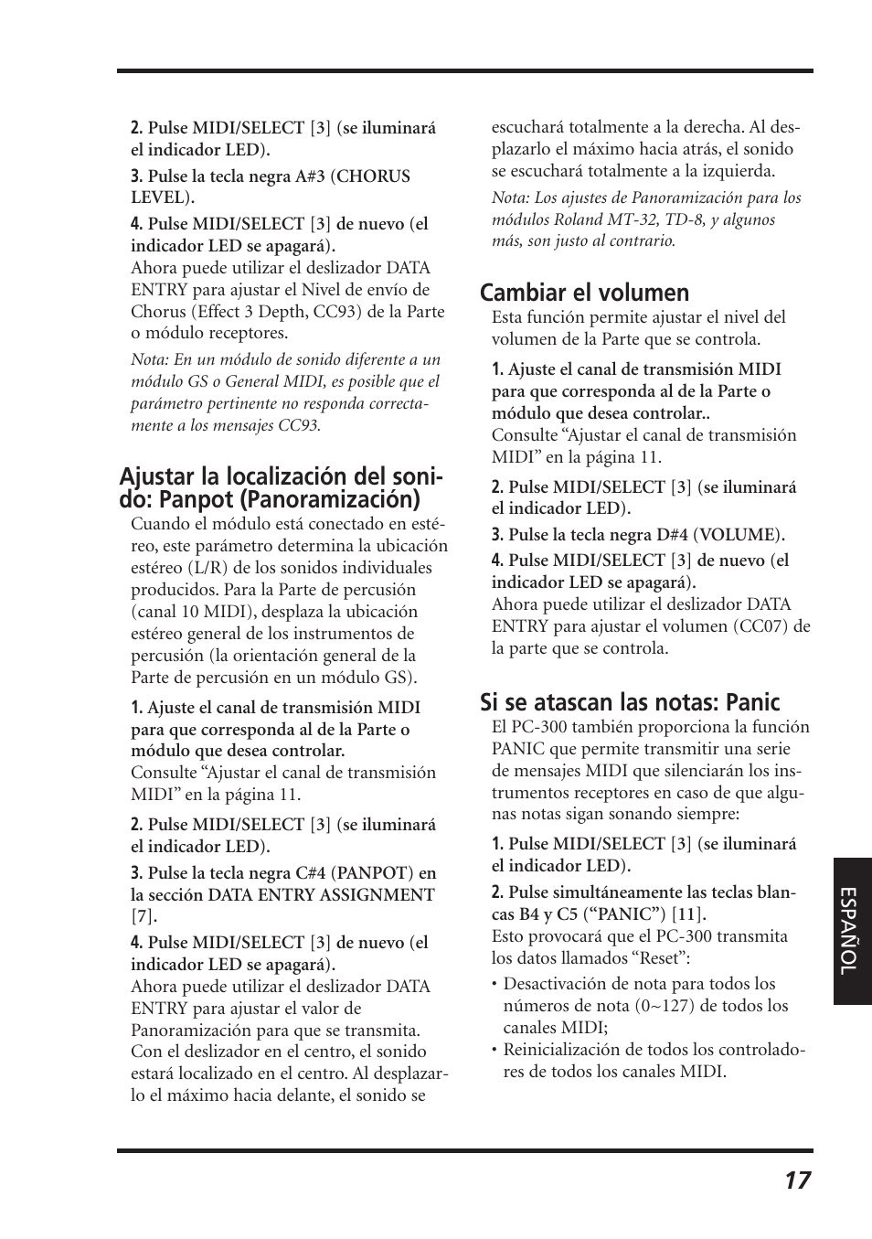 Cambiar el volumen, Si se atascan las notas: panic | Roland PC-300 User Manual | Page 119 / 128