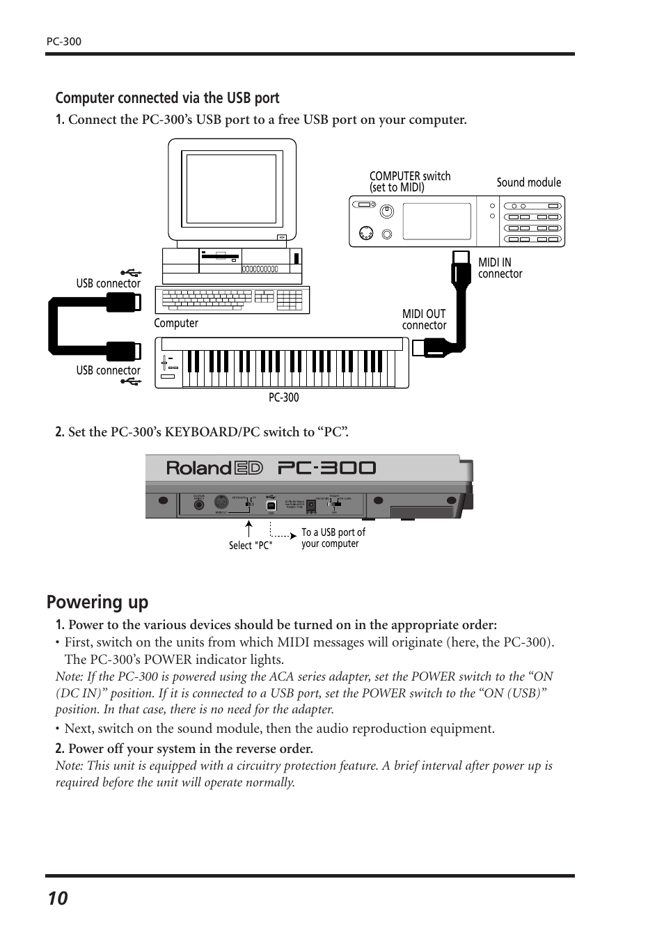 Powering up | Roland PC-300 User Manual | Page 12 / 128