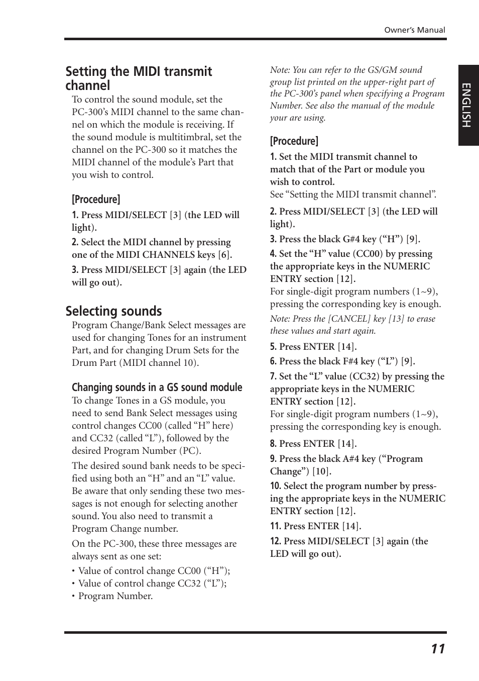 Setting the midi transmit channel, Selecting sounds | Roland PC-300 User Manual | Page 13 / 128