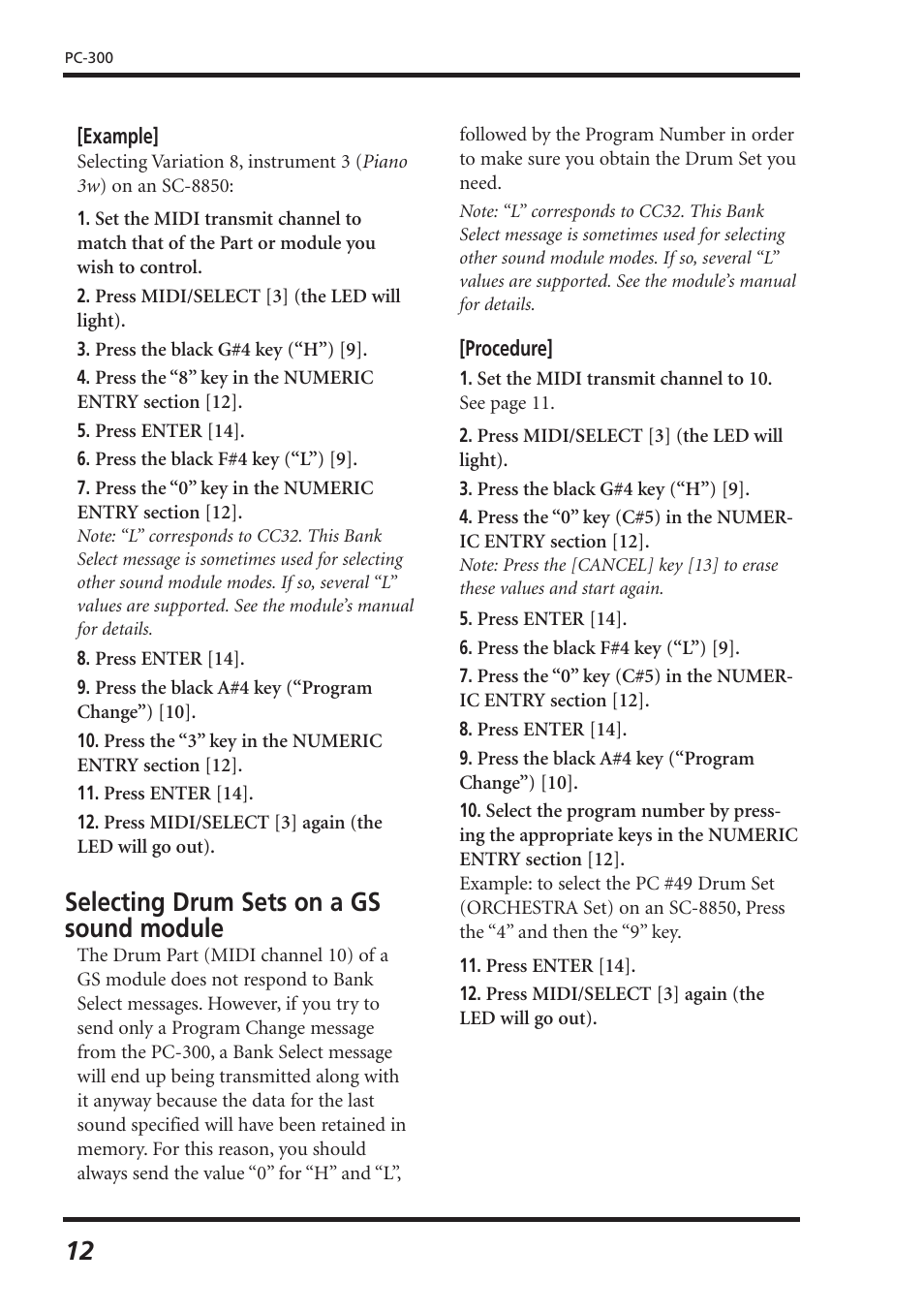 Selecting drum sets on a gs sound module | Roland PC-300 User Manual | Page 14 / 128