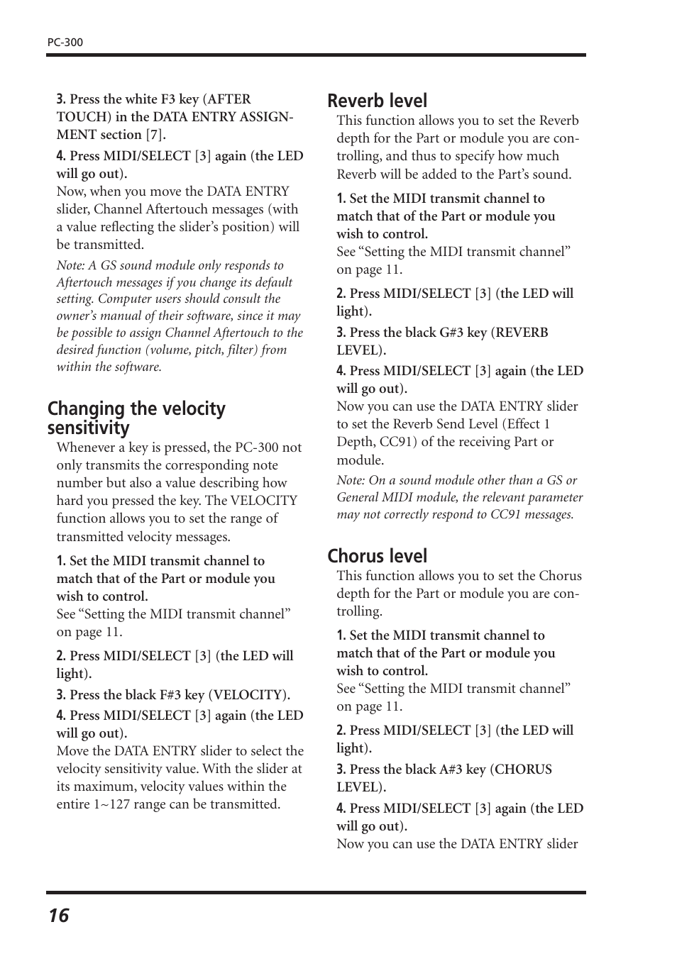 Changing the velocity sensitivity, Reverb level, Chorus level | Roland PC-300 User Manual | Page 18 / 128