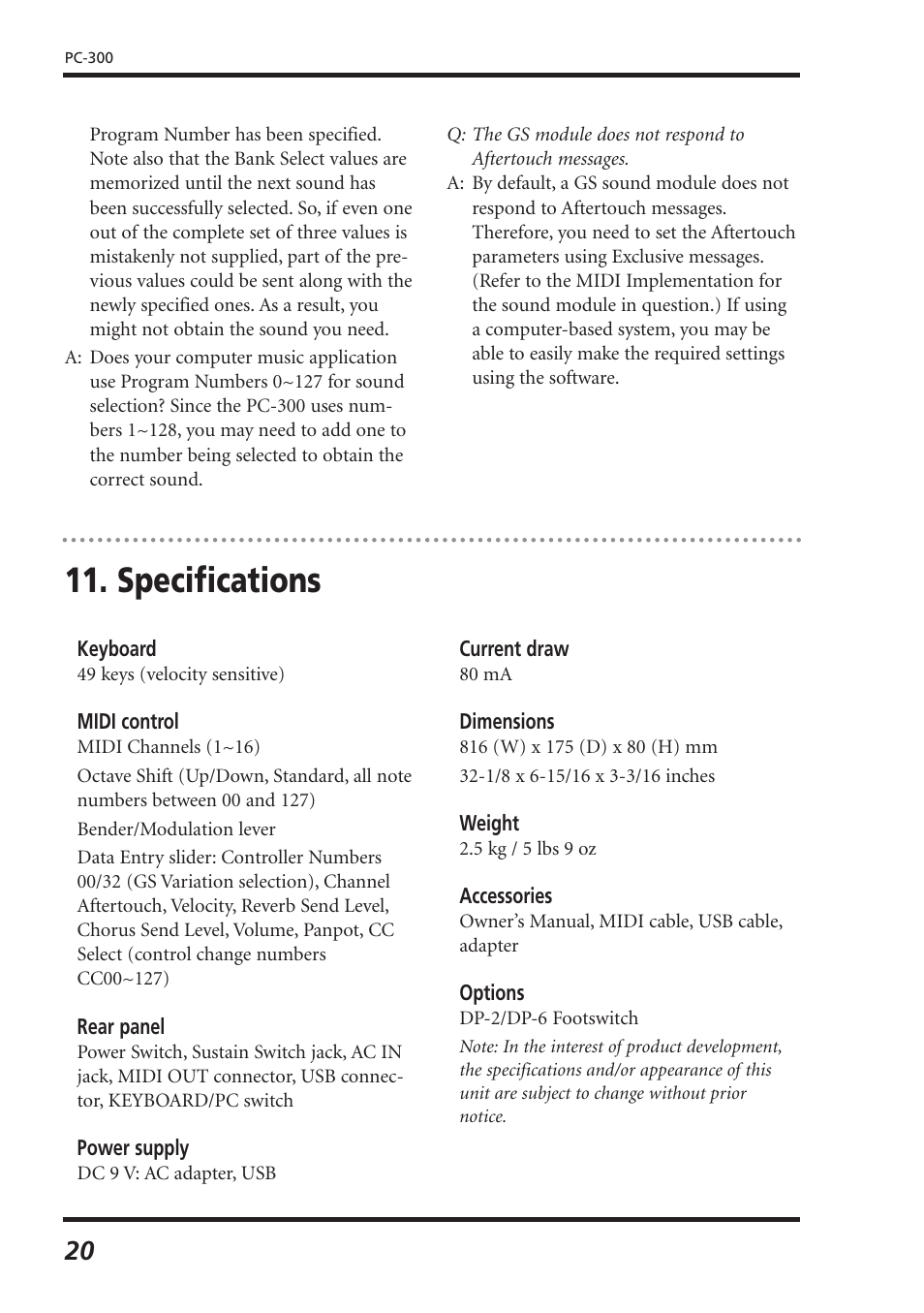Specifications | Roland PC-300 User Manual | Page 22 / 128