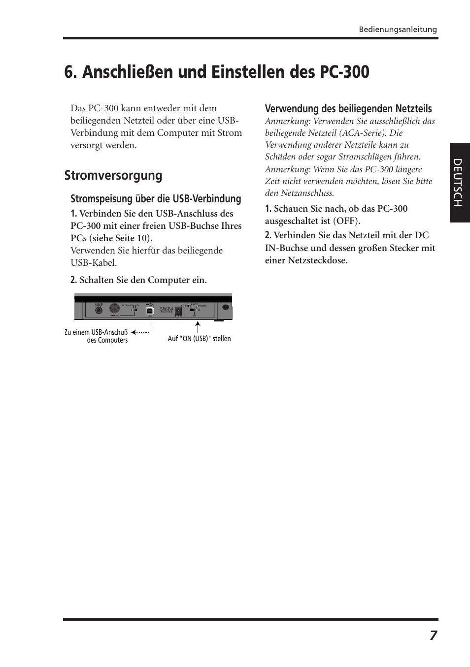Anschließen und einstellen des pc-300, Stromversorgung | Roland PC-300 User Manual | Page 29 / 128