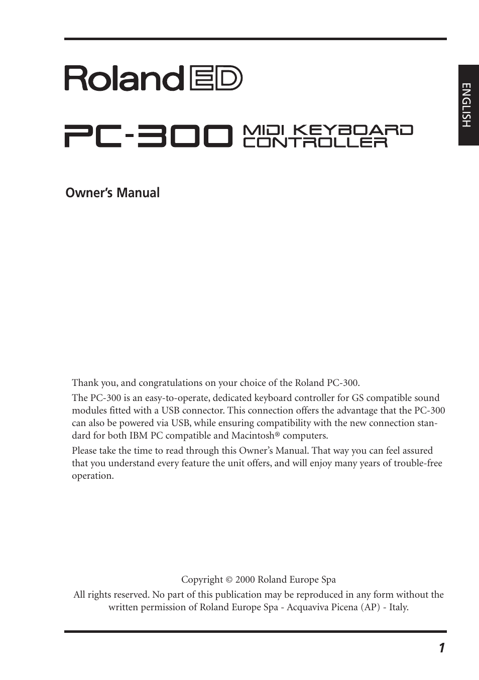 Owner’s manual 1 | Roland PC-300 User Manual | Page 3 / 128