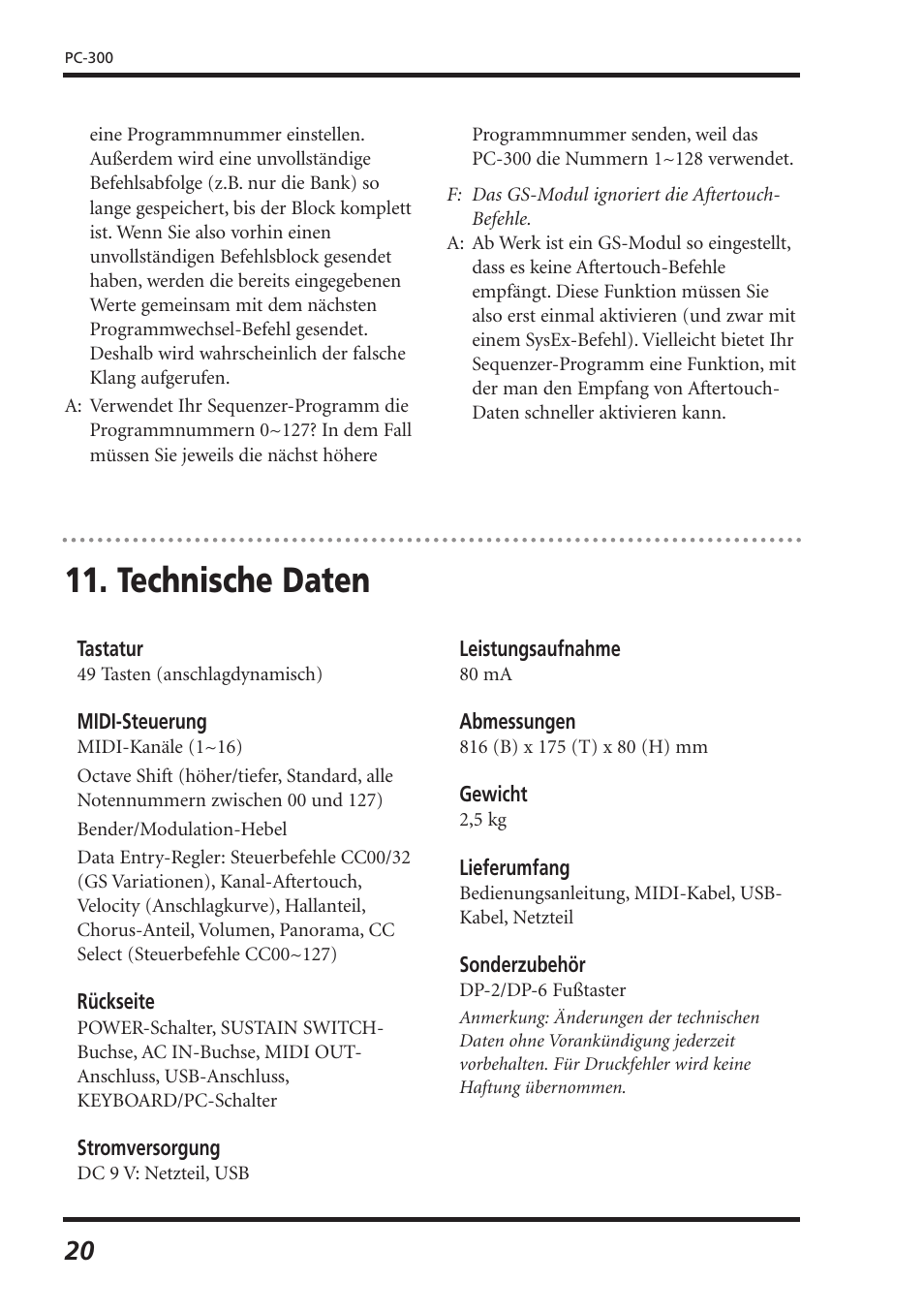 Technische daten | Roland PC-300 User Manual | Page 42 / 128