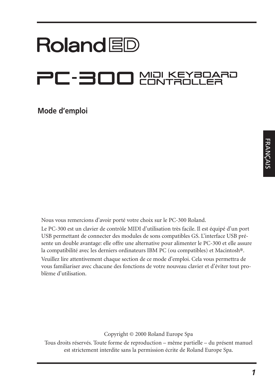 Mode d’emploi 1 | Roland PC-300 User Manual | Page 43 / 128