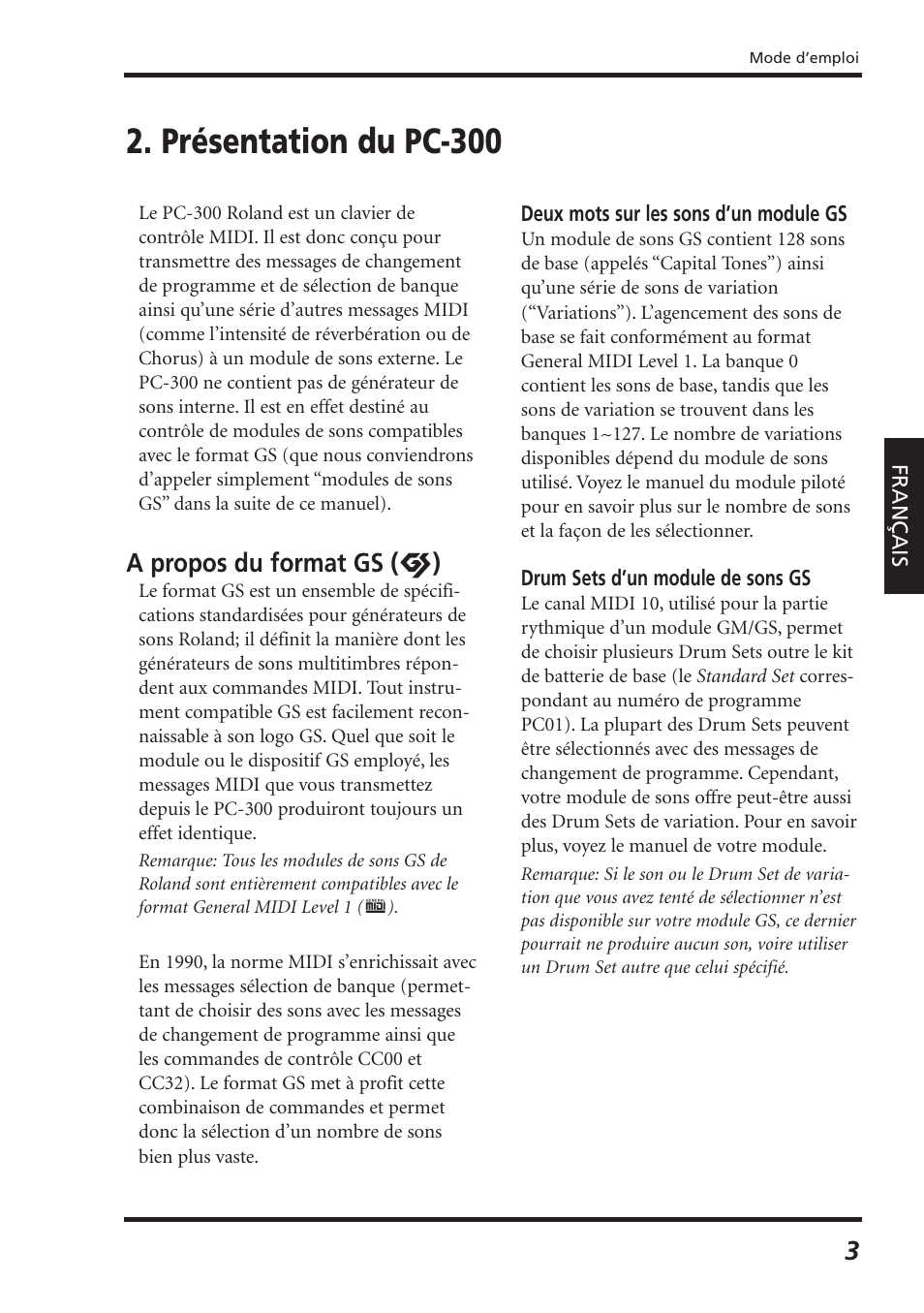Présentation du pc-300, A propos du format gs | Roland PC-300 User Manual | Page 45 / 128
