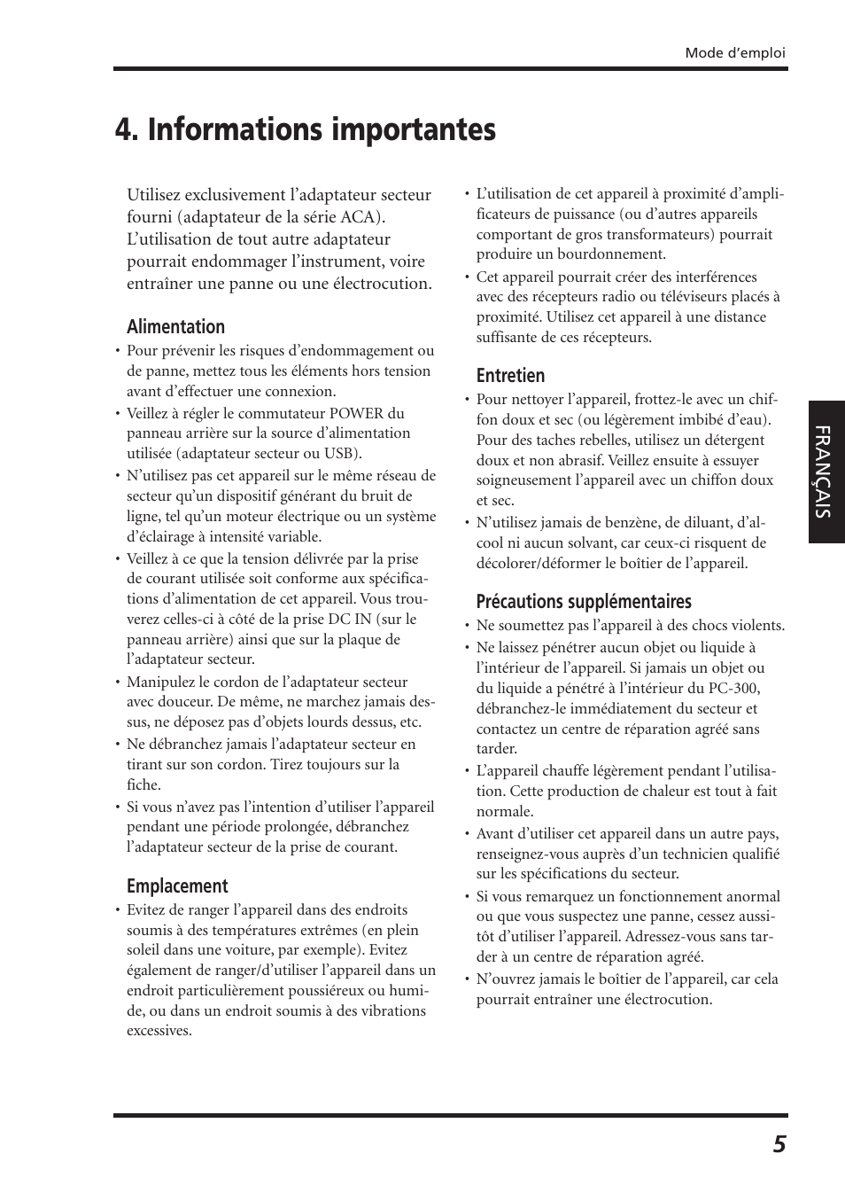 Informations importantes | Roland PC-300 User Manual | Page 47 / 128