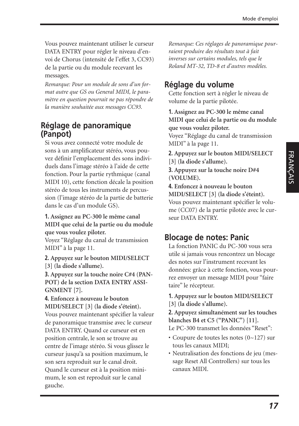 Réglage de panoramique (panpot), Réglage du volume | Roland PC-300 User Manual | Page 59 / 128