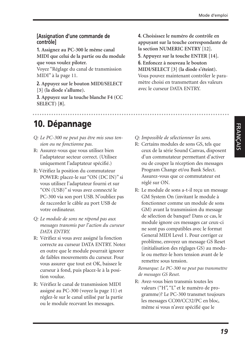 Dépannage | Roland PC-300 User Manual | Page 61 / 128