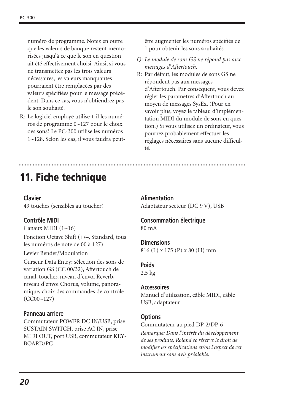 Fiche technique | Roland PC-300 User Manual | Page 62 / 128