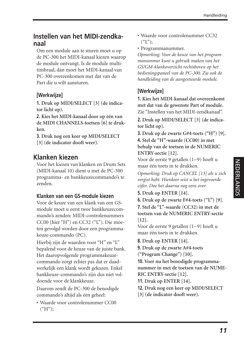 Instellen van het midi-zendka- naal, Klanken kiezen | Roland PC-300 User Manual | Page 73 / 128