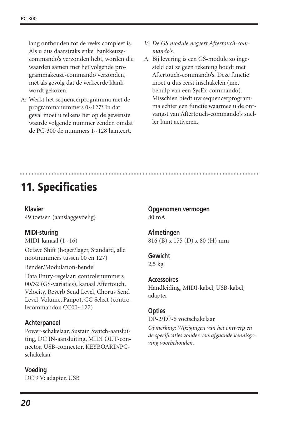 Specificaties | Roland PC-300 User Manual | Page 82 / 128