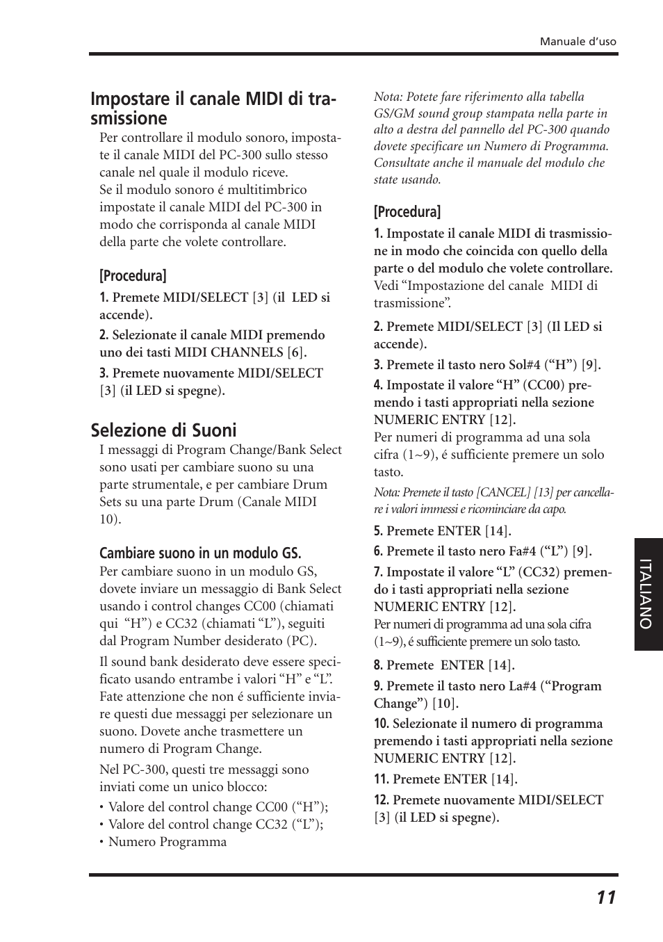 Impostare il canale midi di tra- smissione, Selezione di suoni | Roland PC-300 User Manual | Page 93 / 128