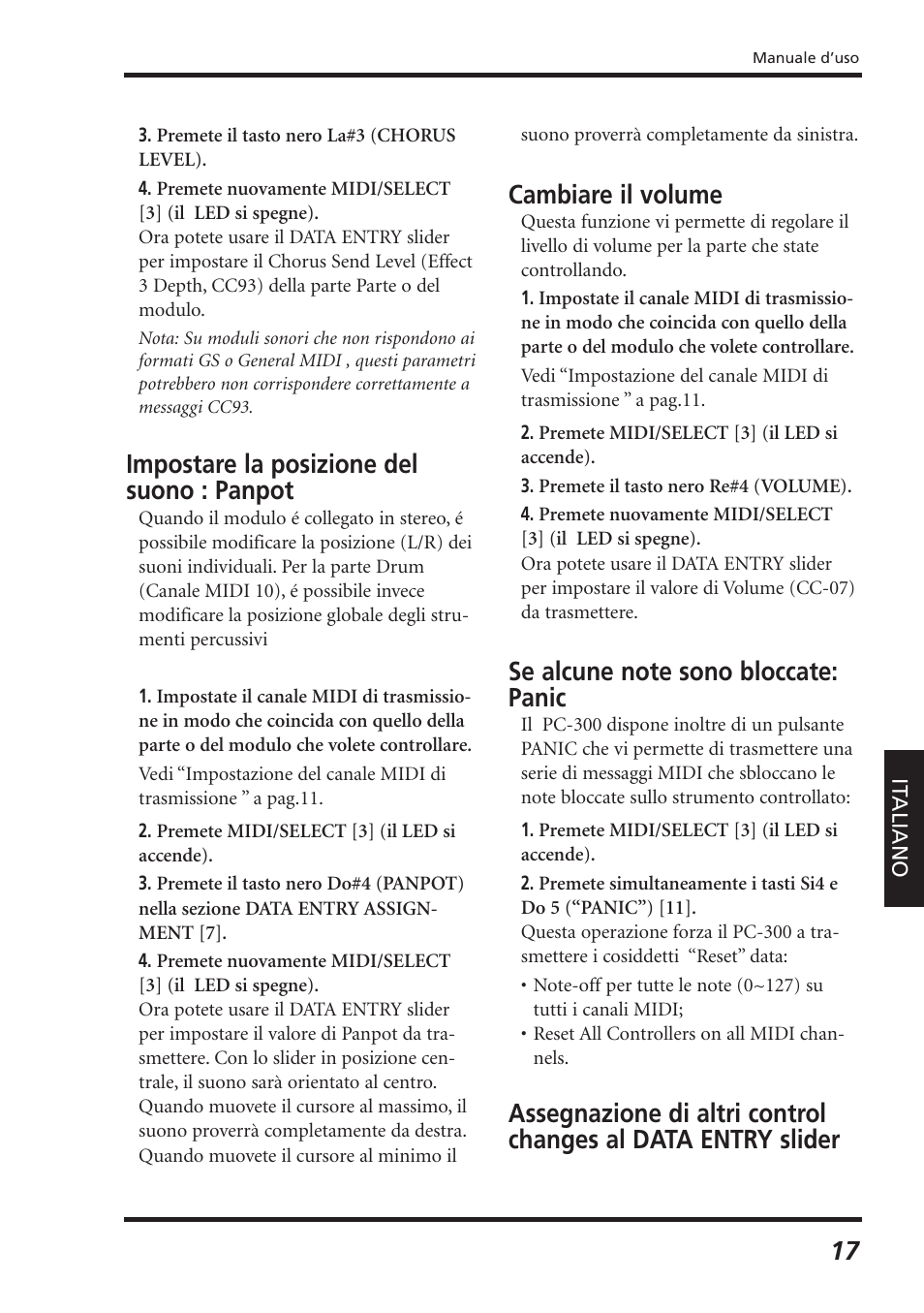 Impostare la posizione del suono : panpot, Cambiare il volume | Roland PC-300 User Manual | Page 99 / 128