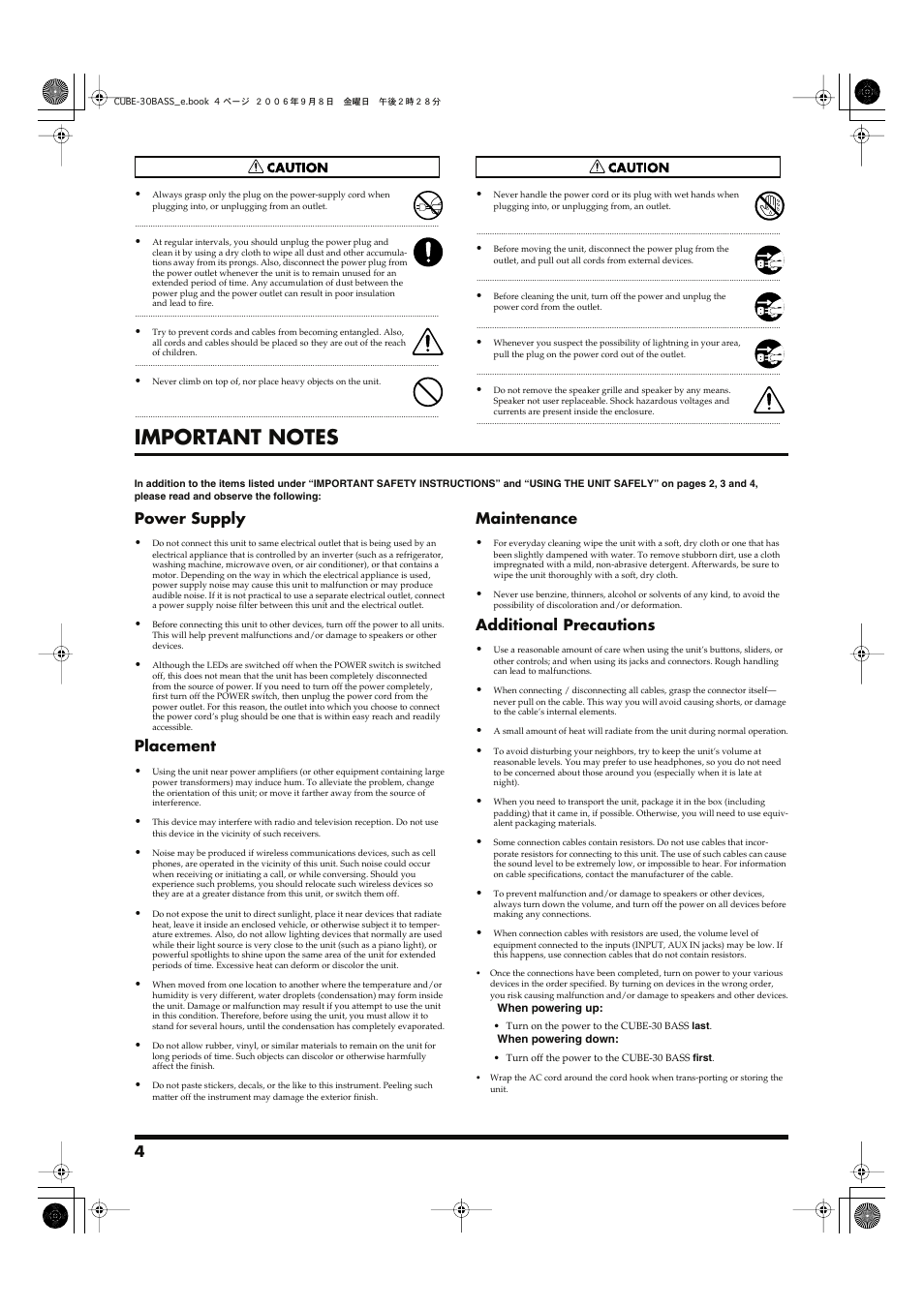Important notes, Power supply, Placement | Maintenance, Additional precautions | Roland Cube-30 Bass User Manual | Page 4 / 8