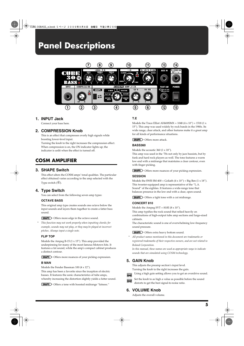 Panel descriptions, Cosm amplifier | Roland Cube-30 Bass User Manual | Page 5 / 8