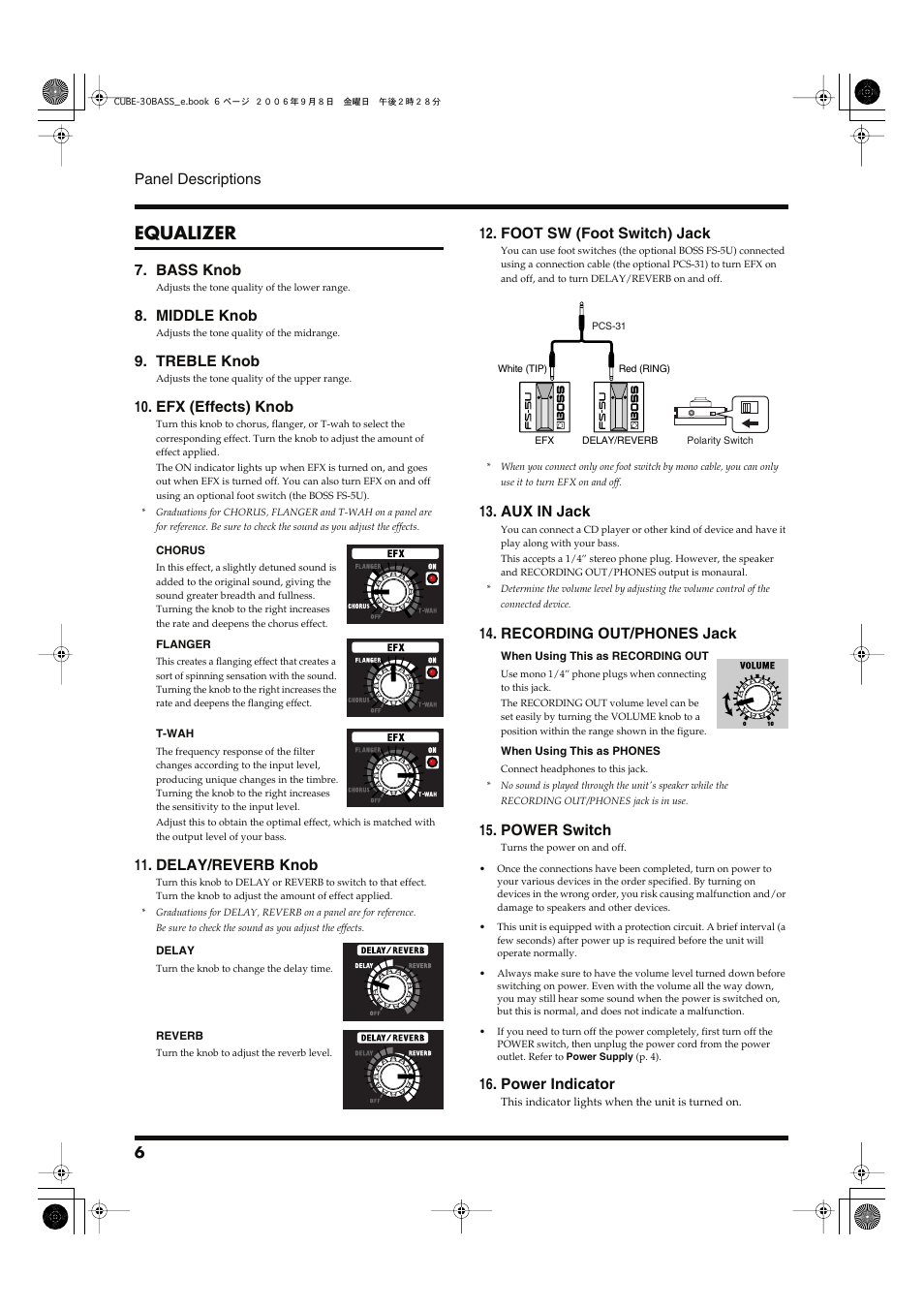 Equalizer, 6 panel descriptions, Bass knob | Middle knob, Treble knob, 10 . efx (effects) knob, 11 . delay/reverb knob, 12 . foot sw (foot switch) jack, 13 . aux in jack, 14 . recording out/phones jack | Roland Cube-30 Bass User Manual | Page 6 / 8