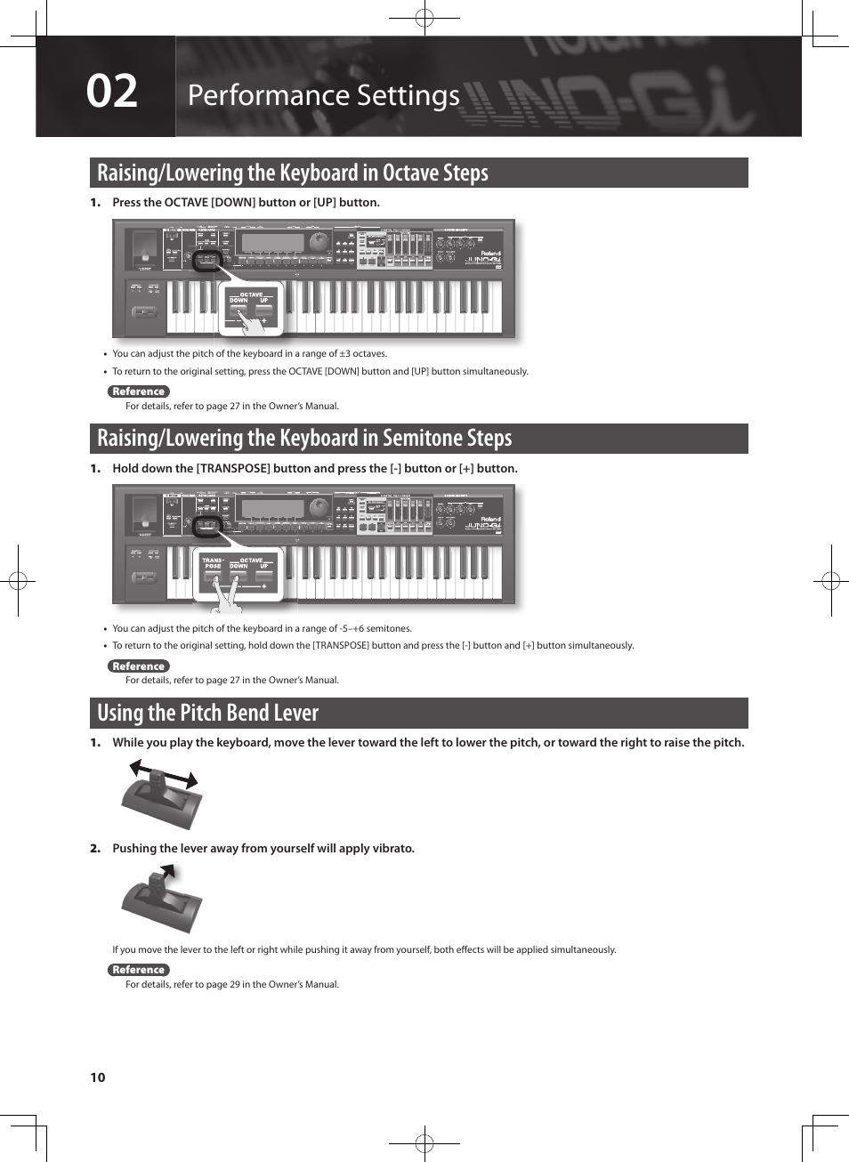 Performance settings, Raising/lowering the keyboard in octave steps, Raising/lowering the keyboard in semitone steps | Using the pitch bend lever | Roland JUNO-Gi User Manual | Page 10 / 28