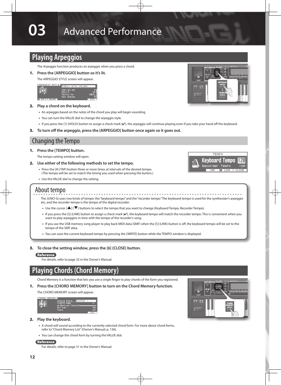 Advanced performance, Playing arpeggios, Changing the tempo | About tempo | Roland JUNO-Gi User Manual | Page 12 / 28