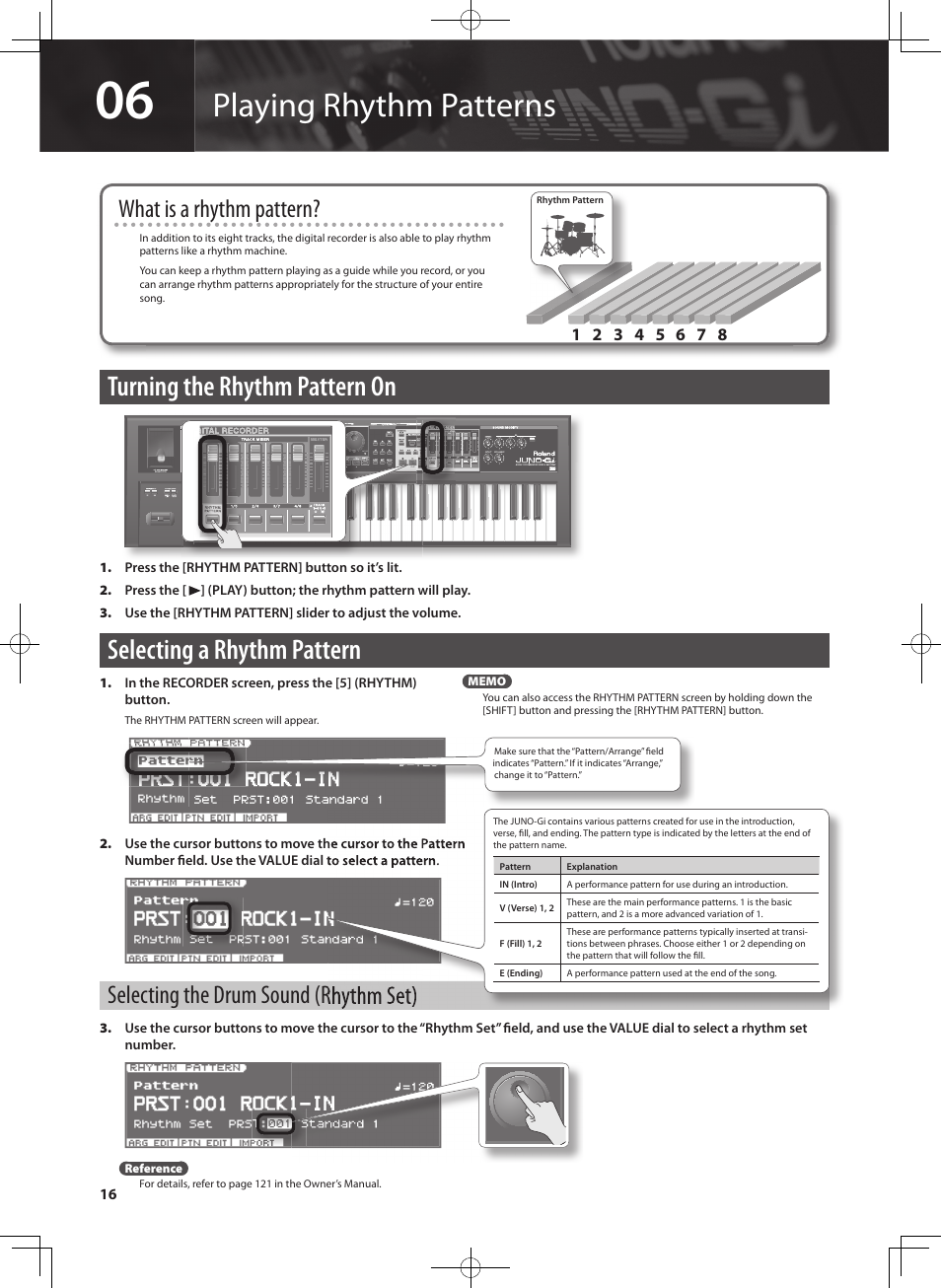 Playing rhythm patterns, Turning the rhythm pattern on, Selecting a rhythm pattern | What is a rhythm pattern, Selecting the drum sound (rhythm set) | Roland JUNO-Gi User Manual | Page 16 / 28