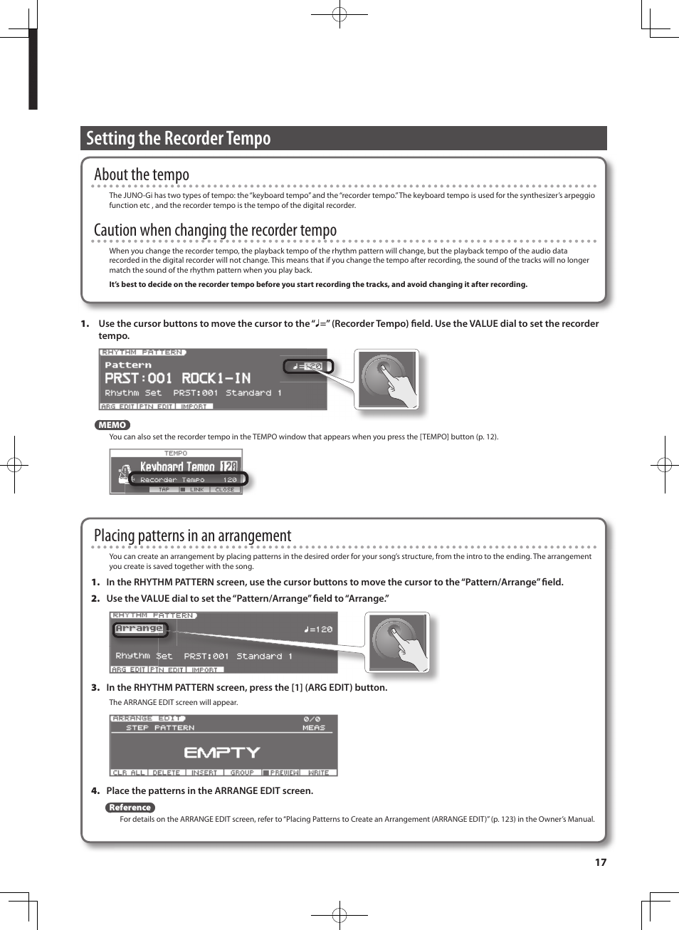 Setting the recorder tempo, About the tempo, Caution when changing the recorder tempo | Placing patterns in an arrangement | Roland JUNO-Gi User Manual | Page 17 / 28