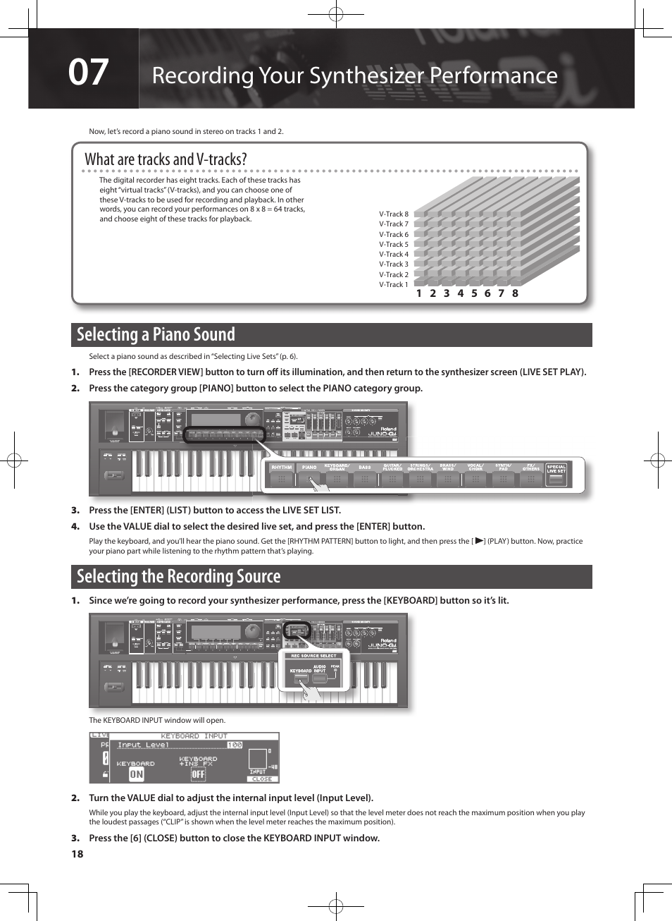 Recording your synthesizer performance, Selecting a piano sound, Selecting the recording source | What are tracks and v-tracks | Roland JUNO-Gi User Manual | Page 18 / 28