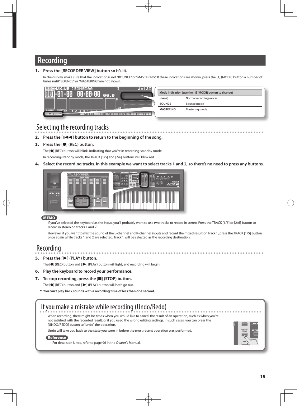 Recording, Selecting the recording tracks, If you make a mistake while recording (undo/redo) | Roland JUNO-Gi User Manual | Page 19 / 28