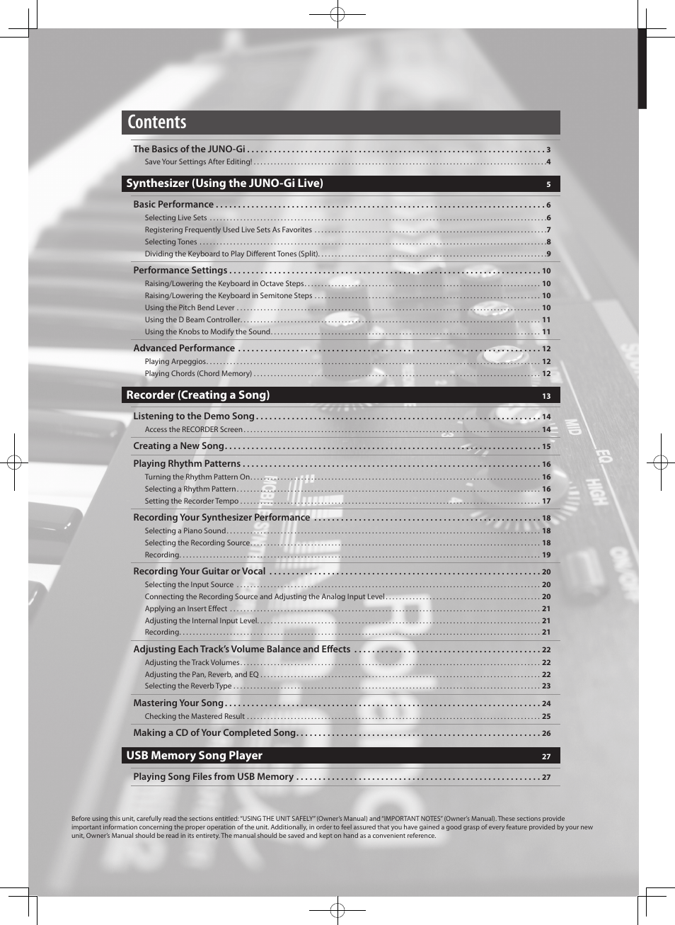 Roland JUNO-Gi User Manual | Page 2 / 28