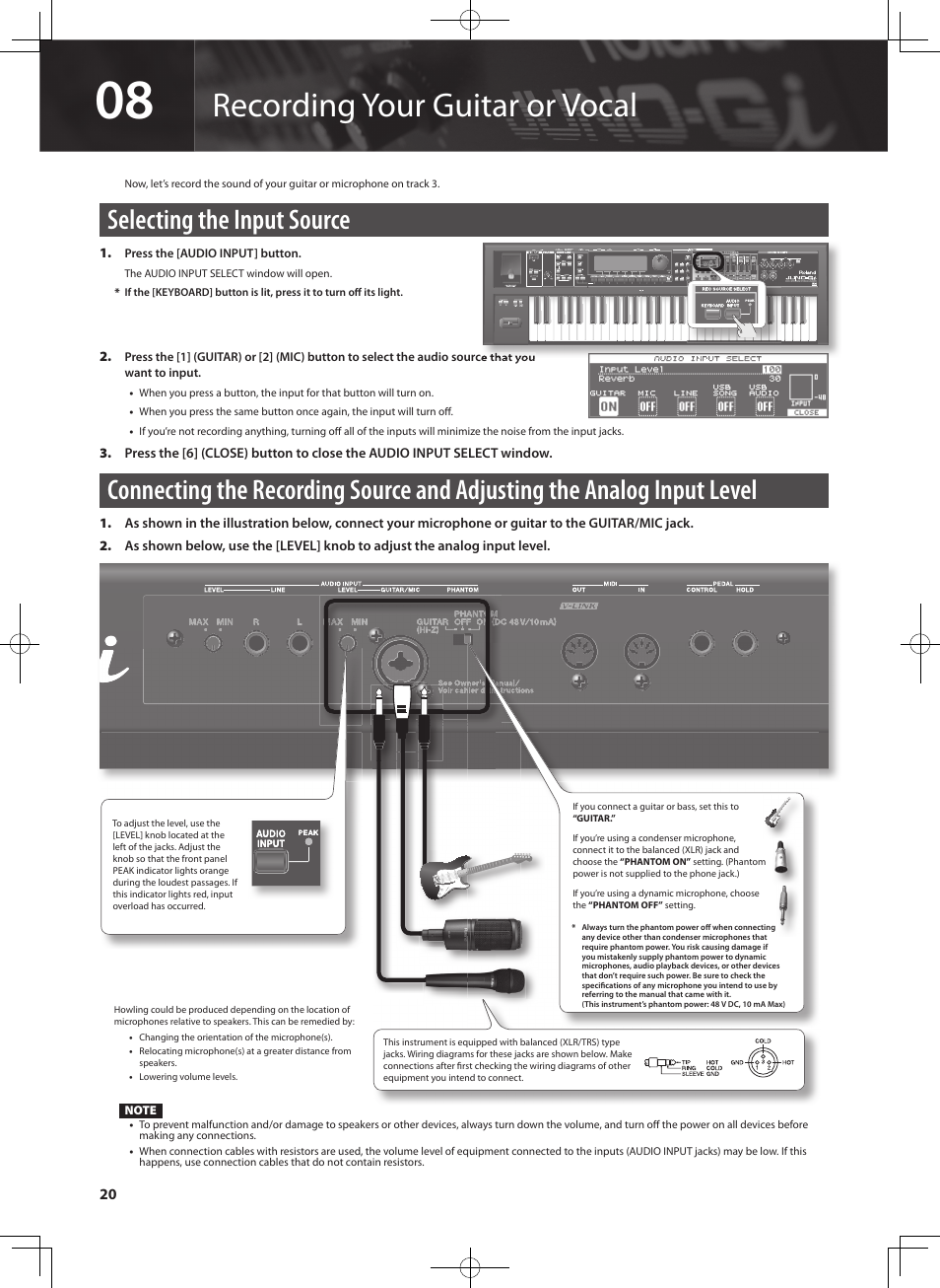 Recording your guitar or vocal, Selecting the input source | Roland JUNO-Gi User Manual | Page 20 / 28