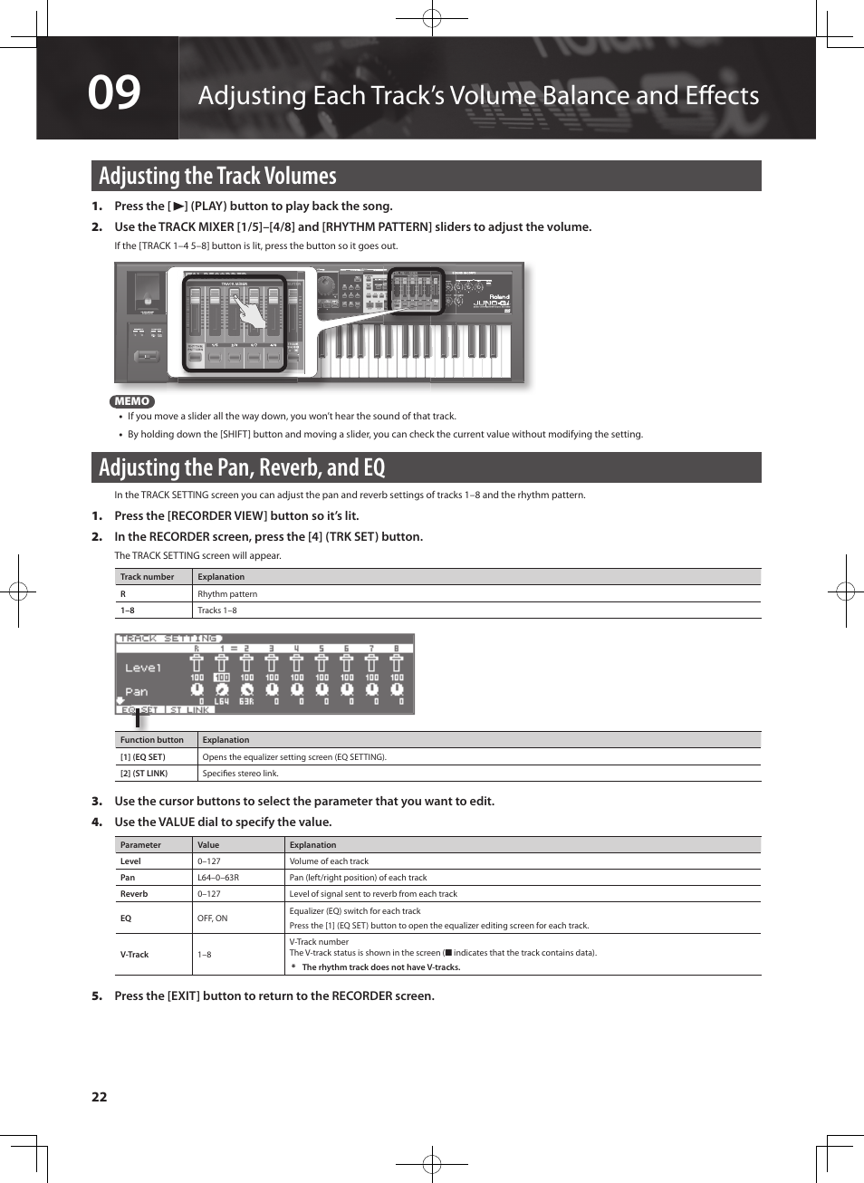 Adjusting each track’s volume balance and eff ects, Adjusting the track volumes, Adjusting the pan, reverb, and eq | Roland JUNO-Gi User Manual | Page 22 / 28