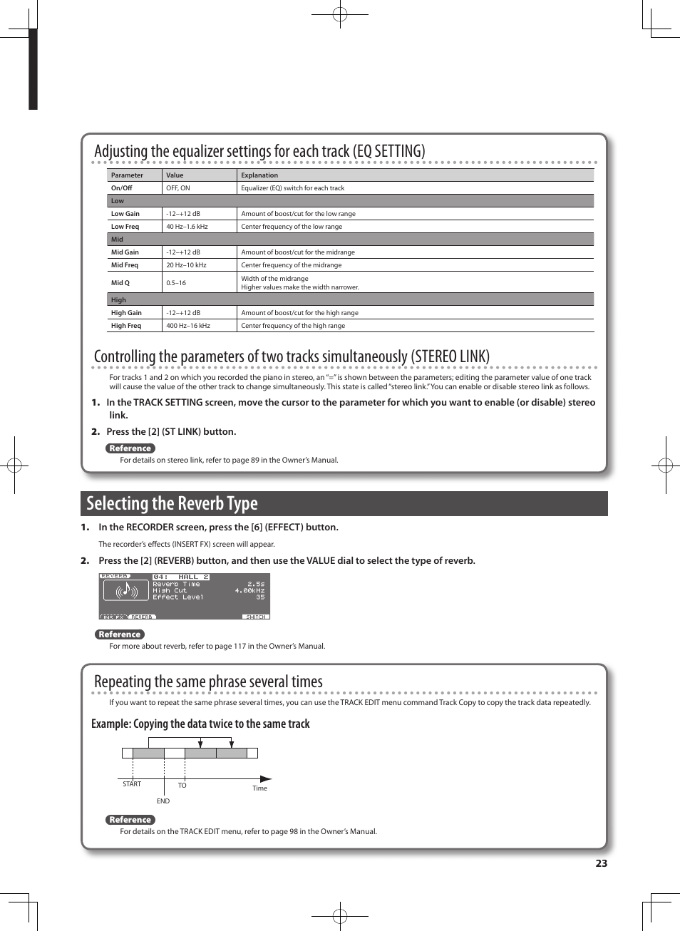 Selecting the reverb type, Repeating the same phrase several times, Example: copying the data twice to the same track | Roland JUNO-Gi User Manual | Page 23 / 28