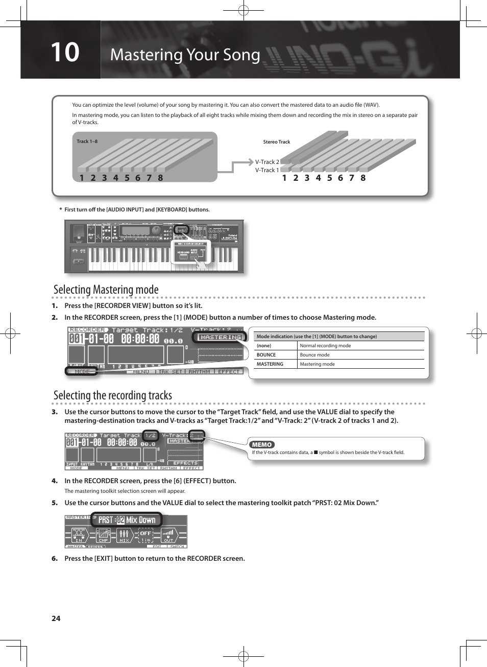 Mastering your song, Selecting mastering mode, Selecting the recording tracks | Roland JUNO-Gi User Manual | Page 24 / 28