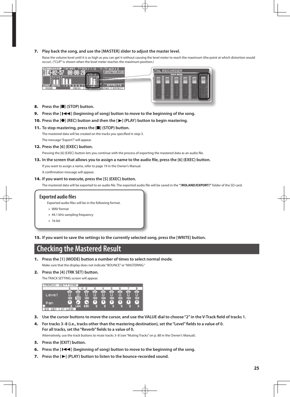 Checking the mastered result, Exported audio ﬁ les | Roland JUNO-Gi User Manual | Page 25 / 28