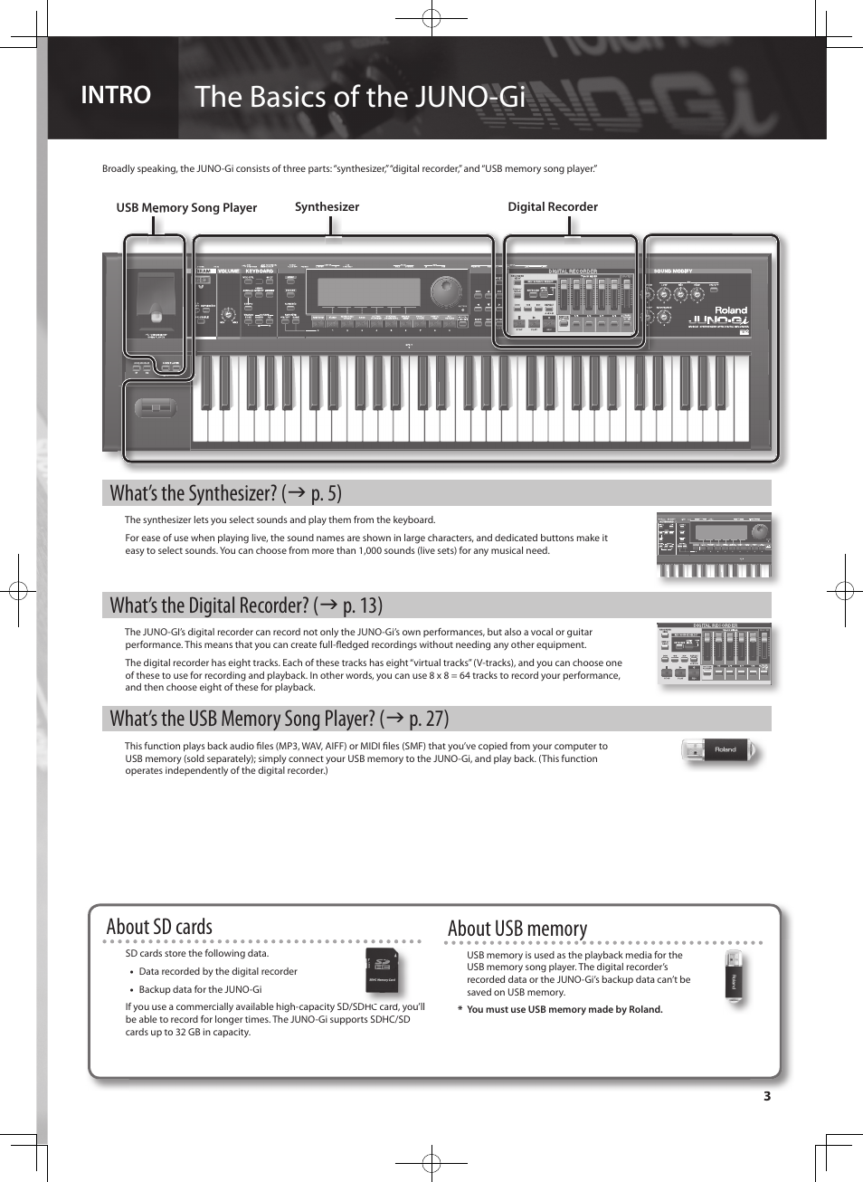 The basics of the juno-gi, Intro, What’s the synthesizer? ( p. 5) | What’s the digital recorder? ( p. 13), About sd cards | Roland JUNO-Gi User Manual | Page 3 / 28