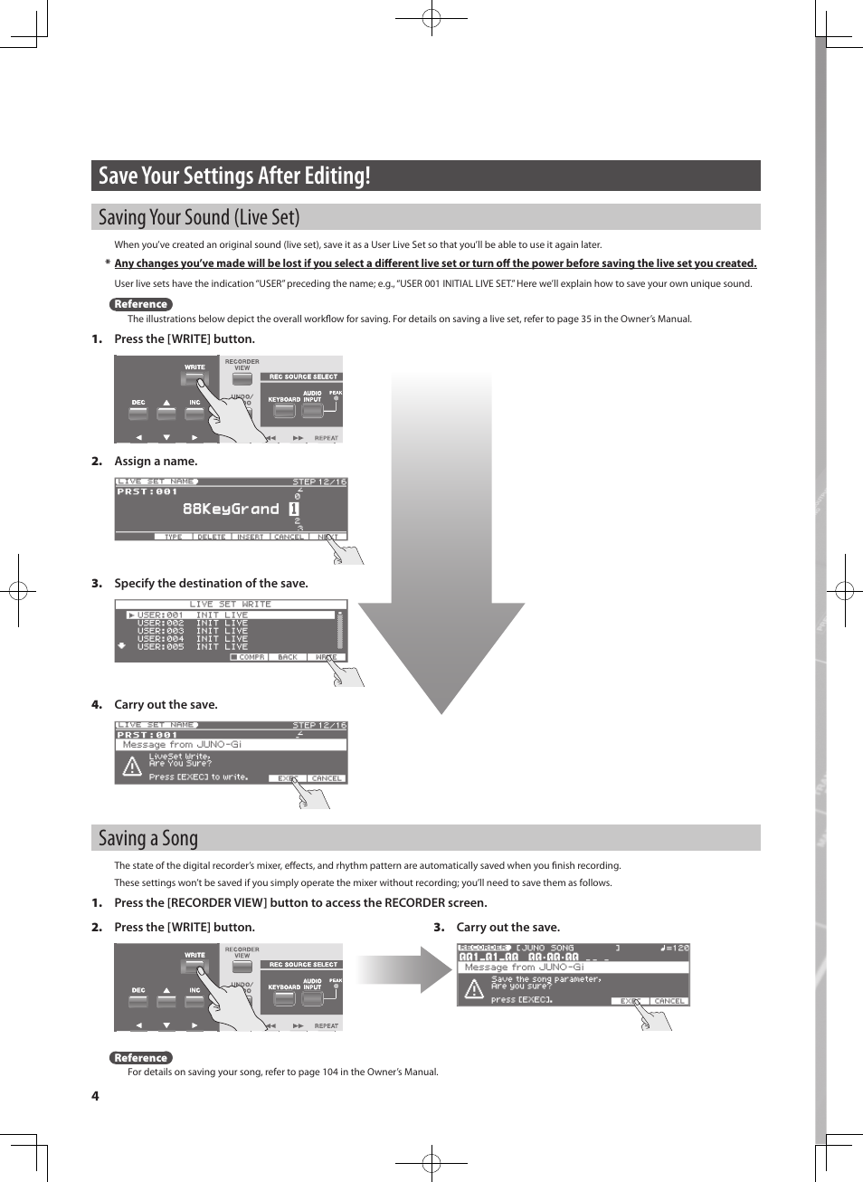 Save your settings after editing, Saving your sound (live set), Saving a song | Roland JUNO-Gi User Manual | Page 4 / 28