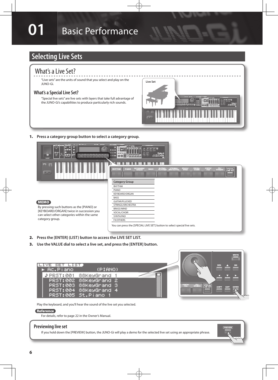 Basic performance, Selecting live sets, What’s a live set | Roland JUNO-Gi User Manual | Page 6 / 28