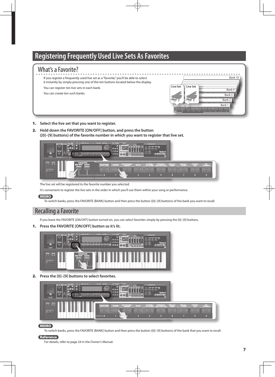 Registering frequently used live sets as favorites, What’s a favorite, Recalling a favorite | Roland JUNO-Gi User Manual | Page 7 / 28
