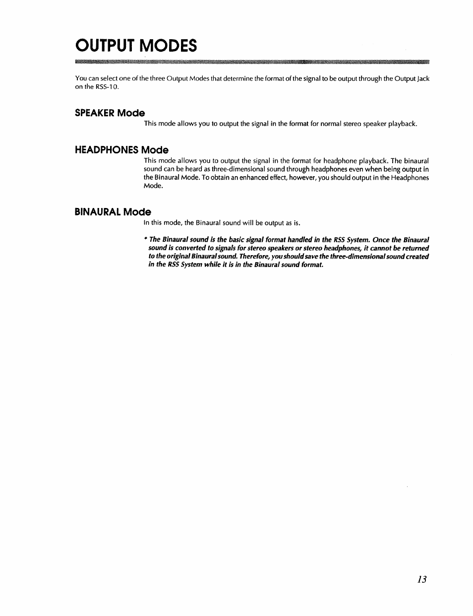 Output modes | Roland RSS-10 User Manual | Page 13 / 44