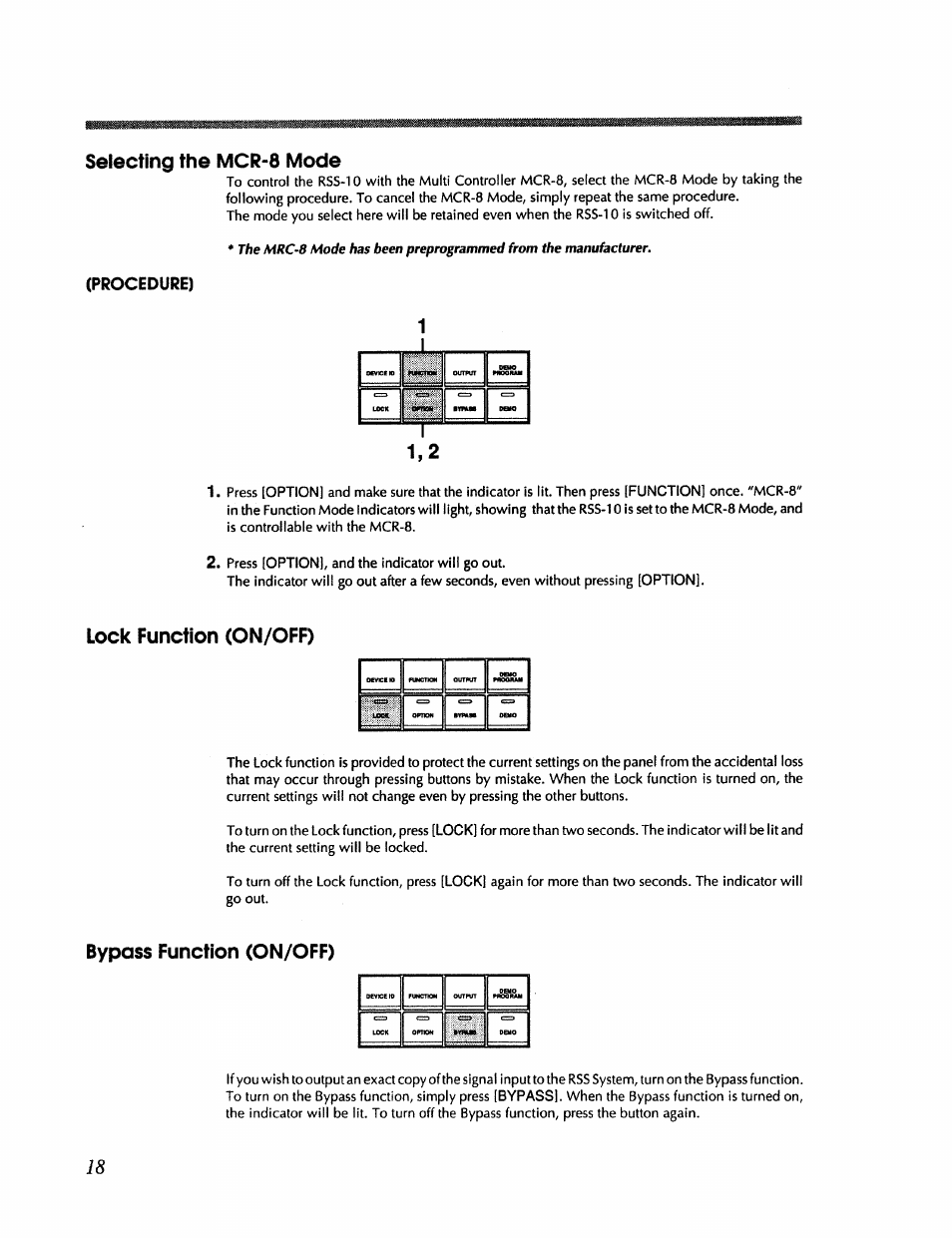 Selecting the mcr-8 mode, Lock function (on/off), Bypass function (on/off) | Roland RSS-10 User Manual | Page 18 / 44